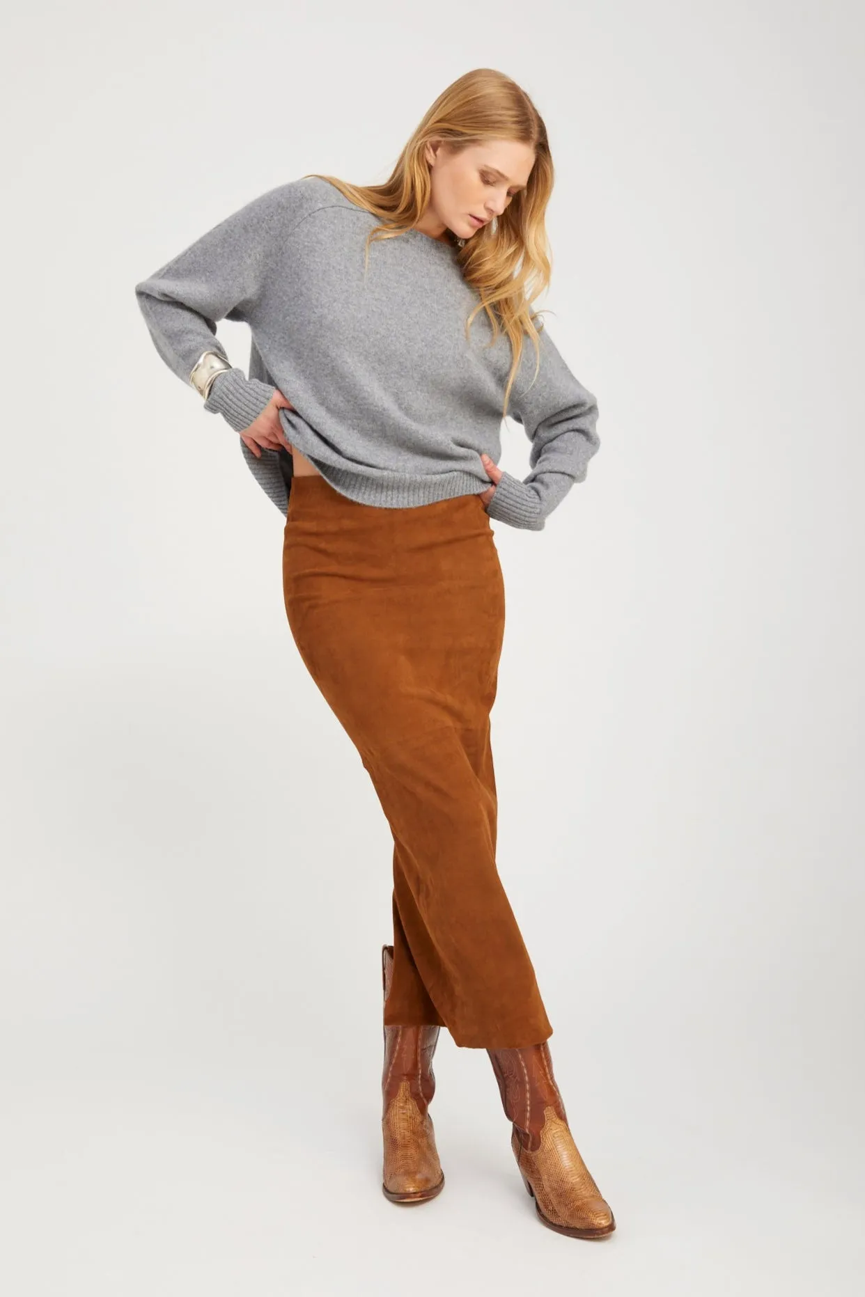 Dark Cognac Suede Maxi Tube Skirt sold by SPRWMN product image thumbnail 2