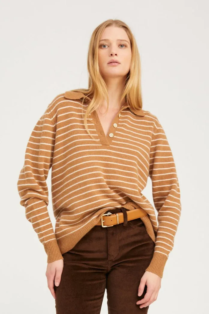 Camel Stripe Cashmere Polo Sweater sold by SPRWMN