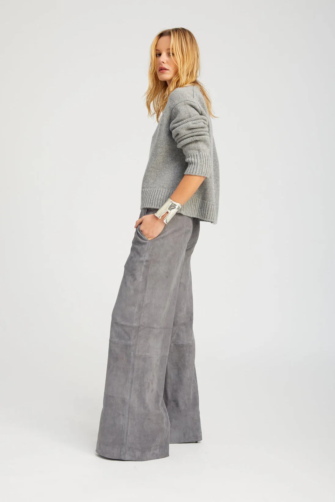 Grey Suede Wide Leg Trousers sold by SPRWMN product image thumbnail 4