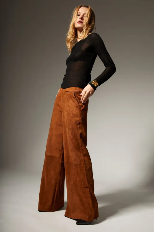 Dark Cognac Suede Wide Leg Trousers sold by SPRWMN