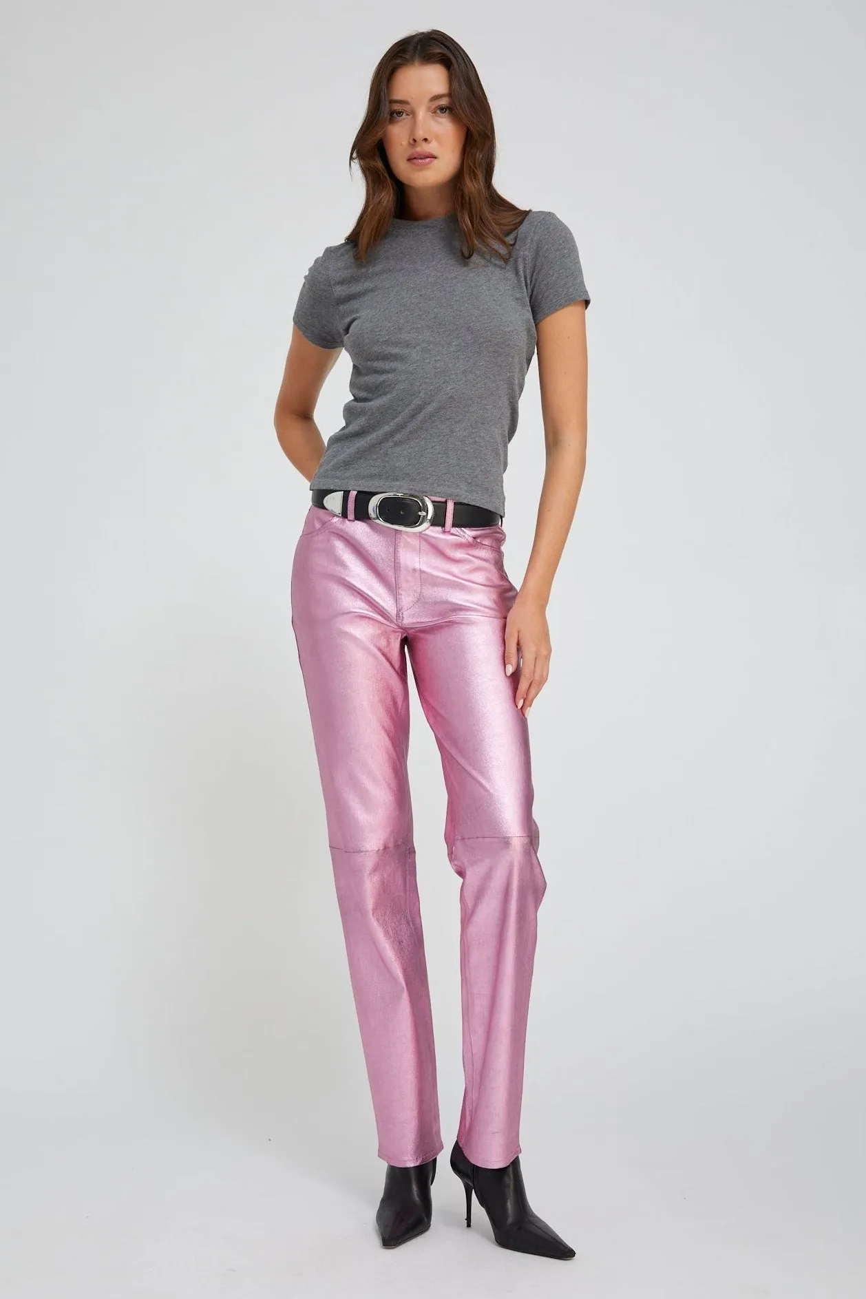 Metallic Pink Leather 5 Pocket Slim Straight sold by SPRWMN