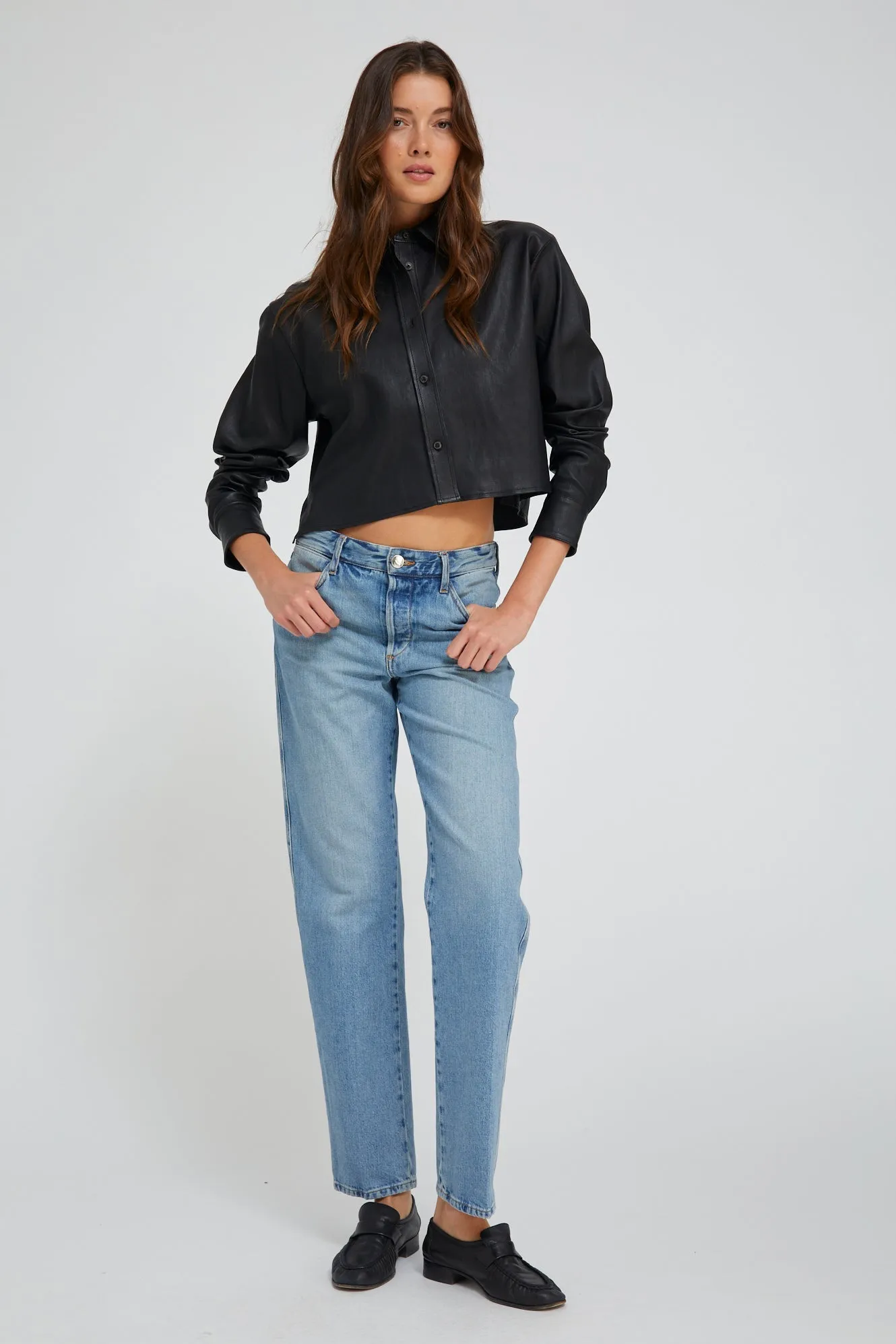 Black Leather Cropped Button Down sold by SPRWMN product image thumbnail 2