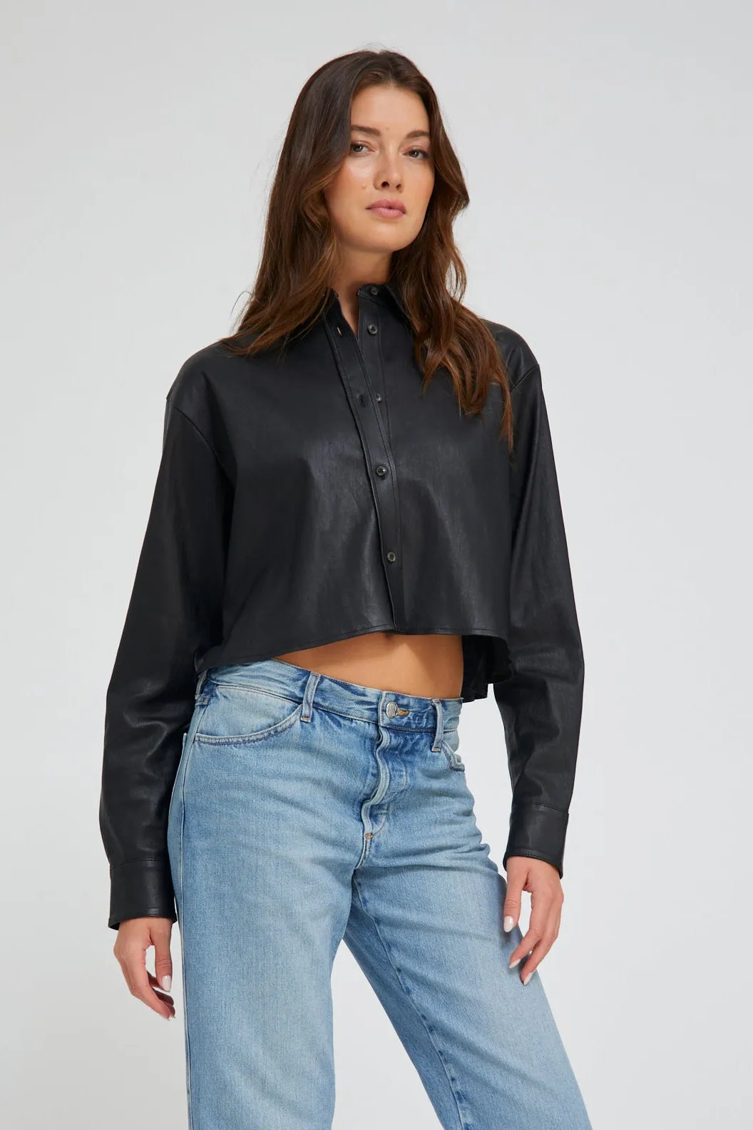 Black Leather Cropped Button Down sold by SPRWMN