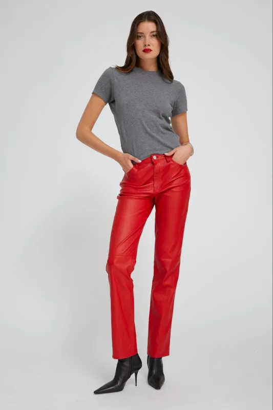 Red Leather 5 Pocket Slim Straight sold by SPRWMN