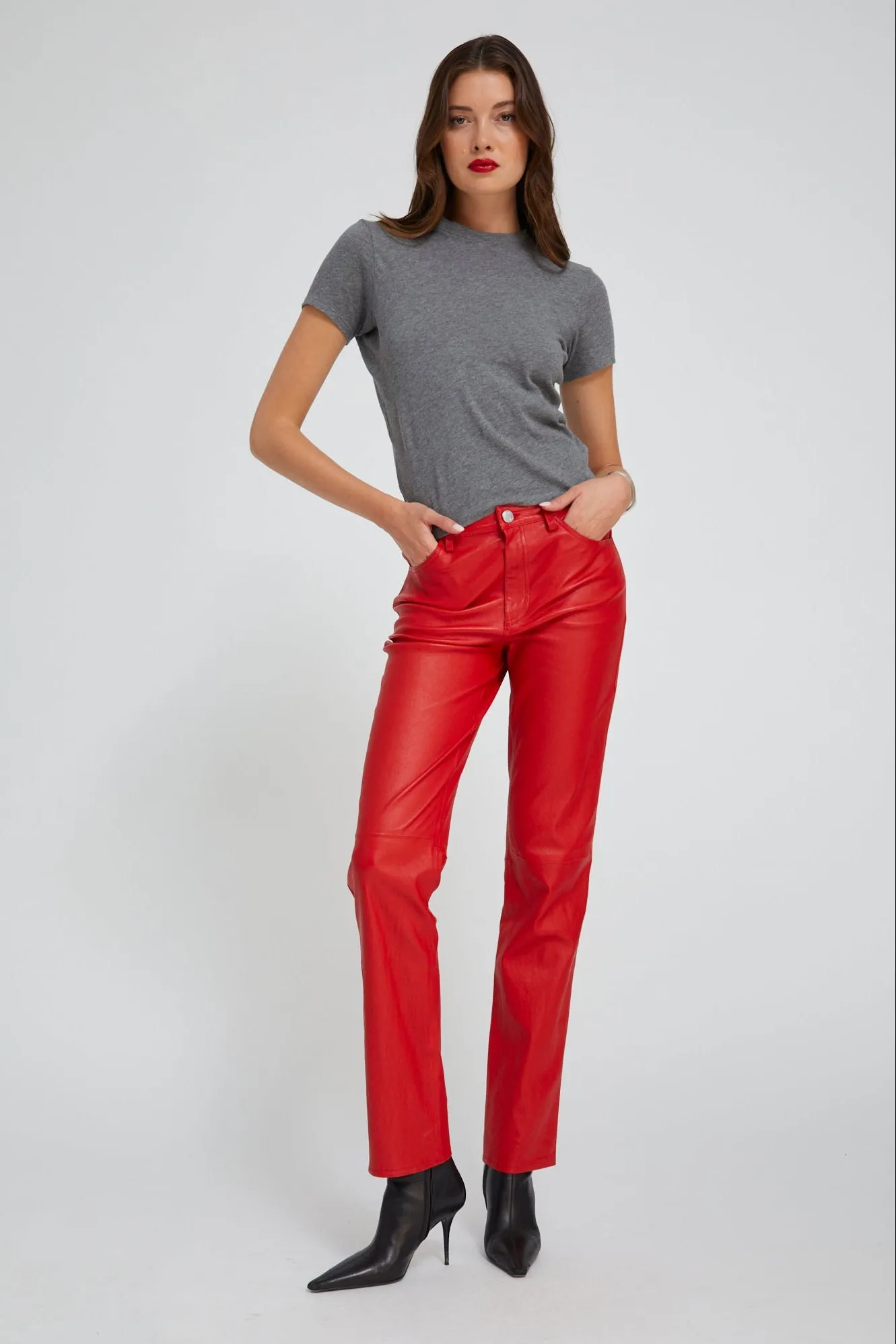 Red Leather 5 Pocket Slim Straight sold by SPRWMN