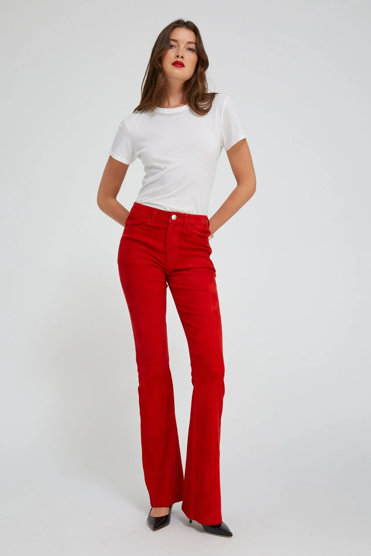 Red Suede 5 Pocket Micro Flare sold by SPRWMN