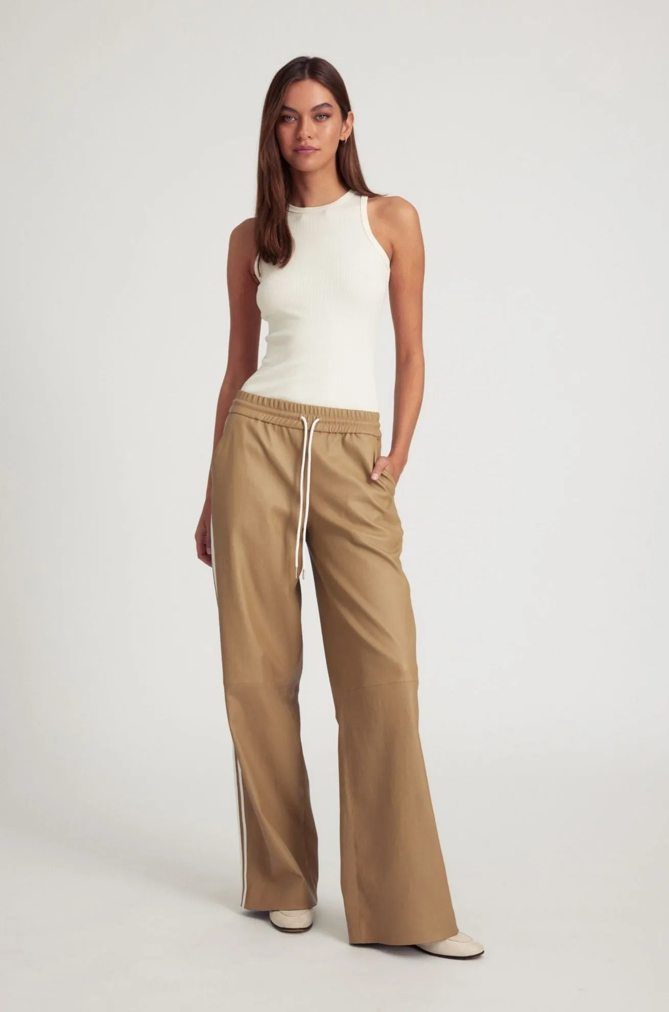 Khaki Leather Athletic Drawstring Pants sold by SPRWMN