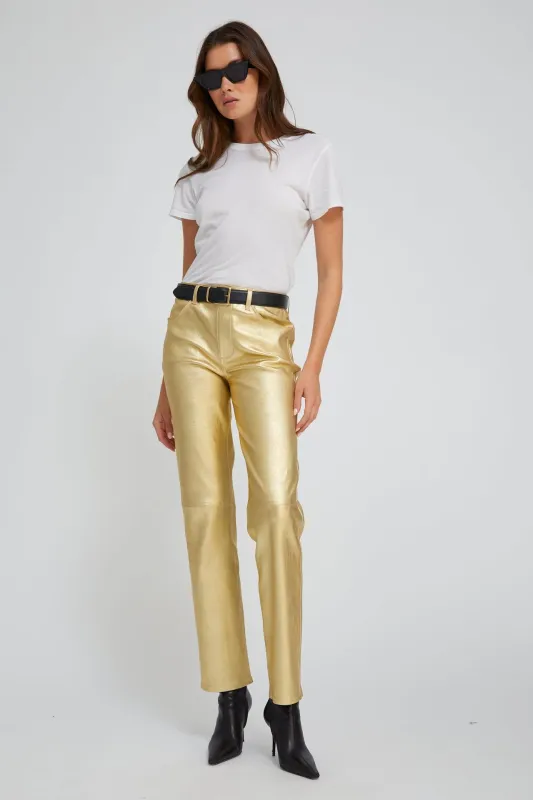 Metallic Gold Leather 5 Pocket Slim Straight sold by SPRWMN