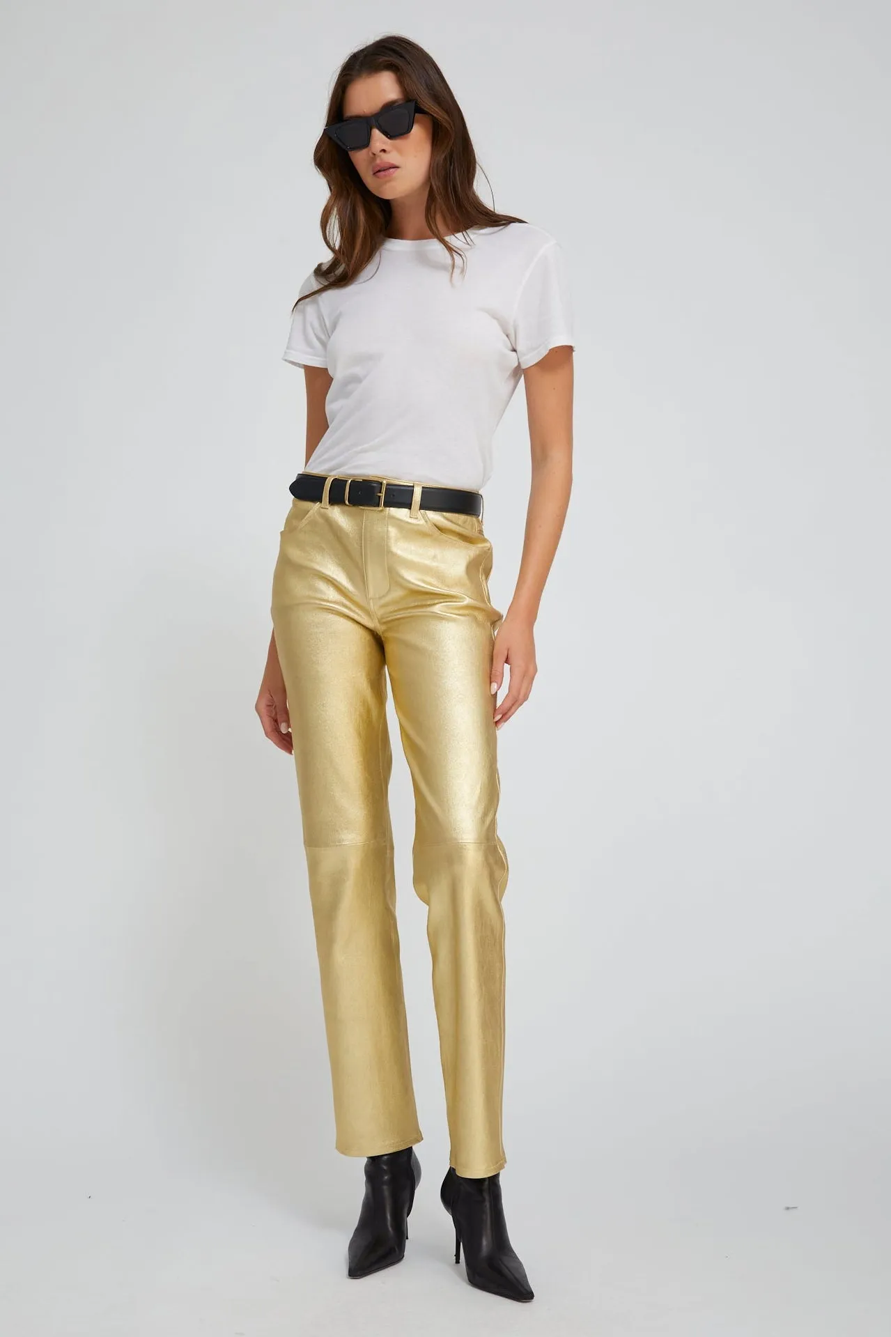 Metallic Gold Leather 5 Pocket Slim Straight sold by SPRWMN