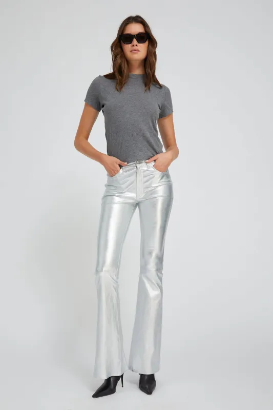 Metallic Silver Leather 5 Pocket Micro Flare sold by SPRWMN
