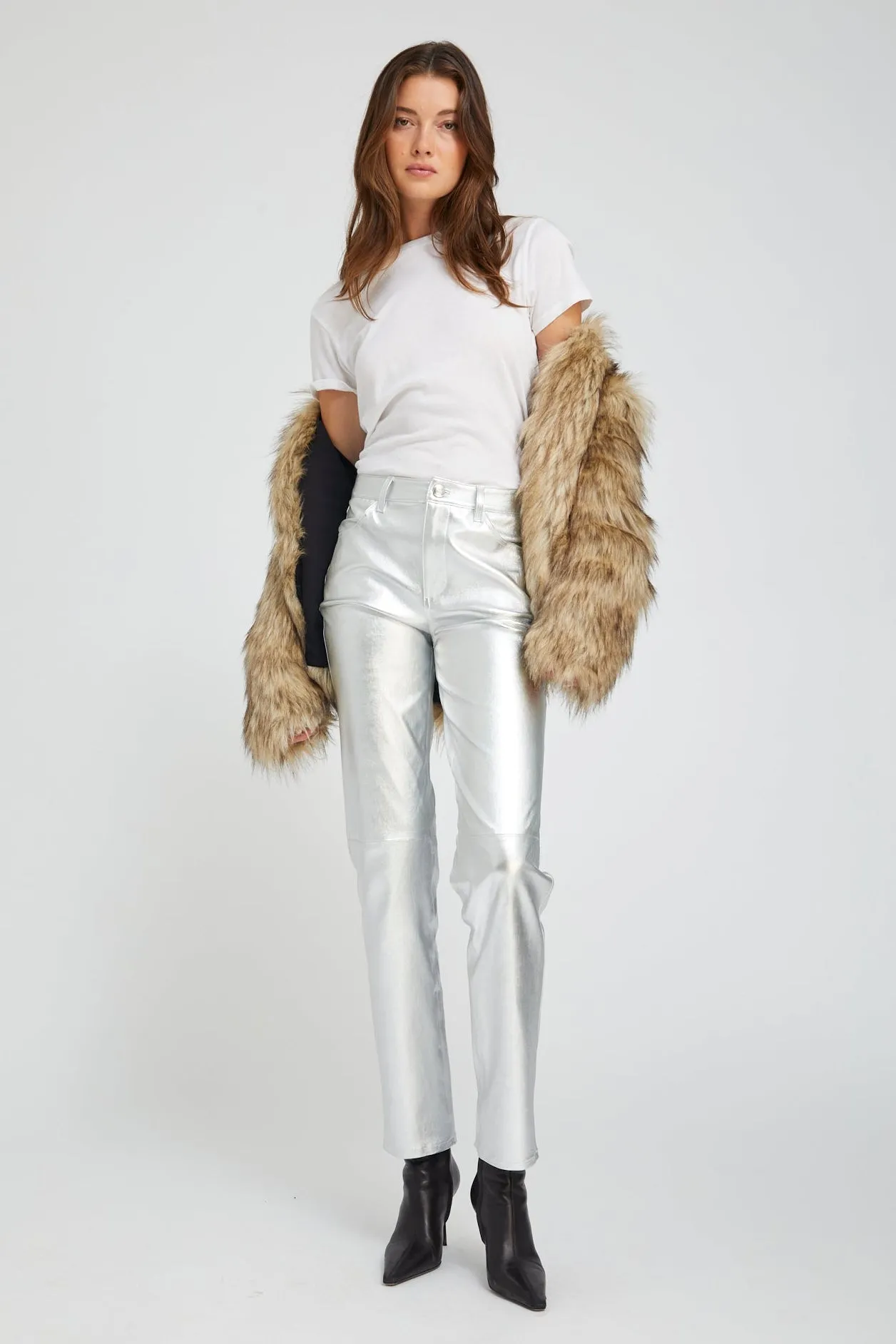 Metallic Silver Leather 5 Pocket Slim Straight sold by SPRWMN