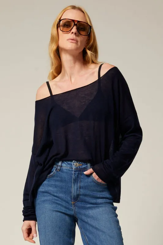 Navy Tissue Cashmere Off-Shoulder Top sold by SPRWMN