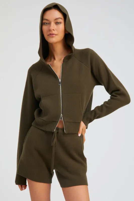 Olive Cashmere Shrunken Zip Up Hoodie sold by SPRWMN