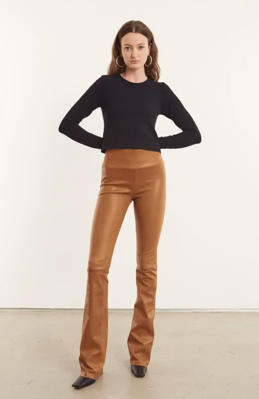 Camel Leather Micro Flare Pants made by SPRWMN