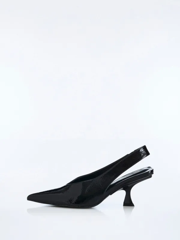 FRANKIE HEEL - Black Crinkle Patent sold by Ena Pelly
