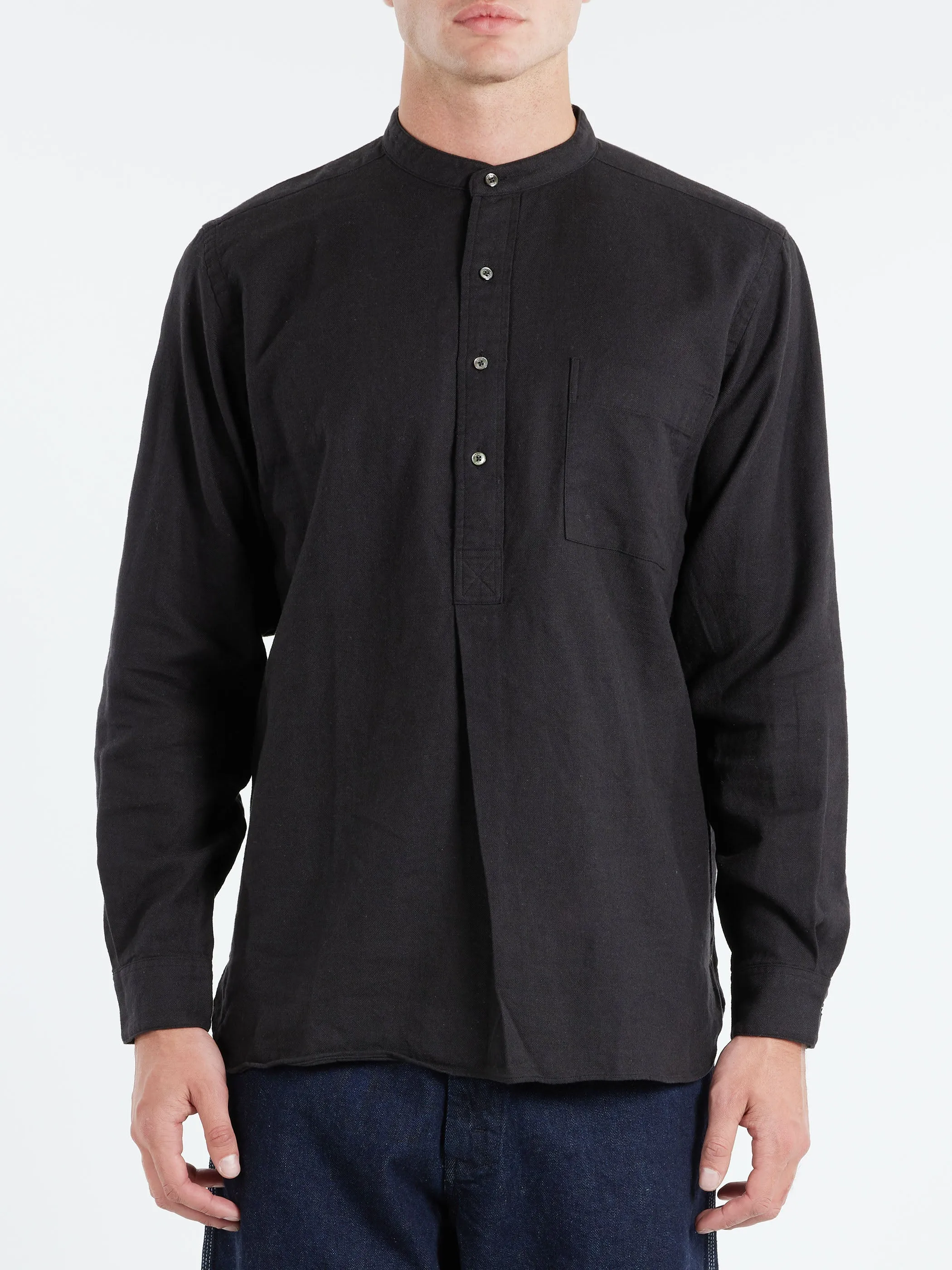 Linen Cotton Herringbone Band Collar Pullover Shirt sold by gravitypope