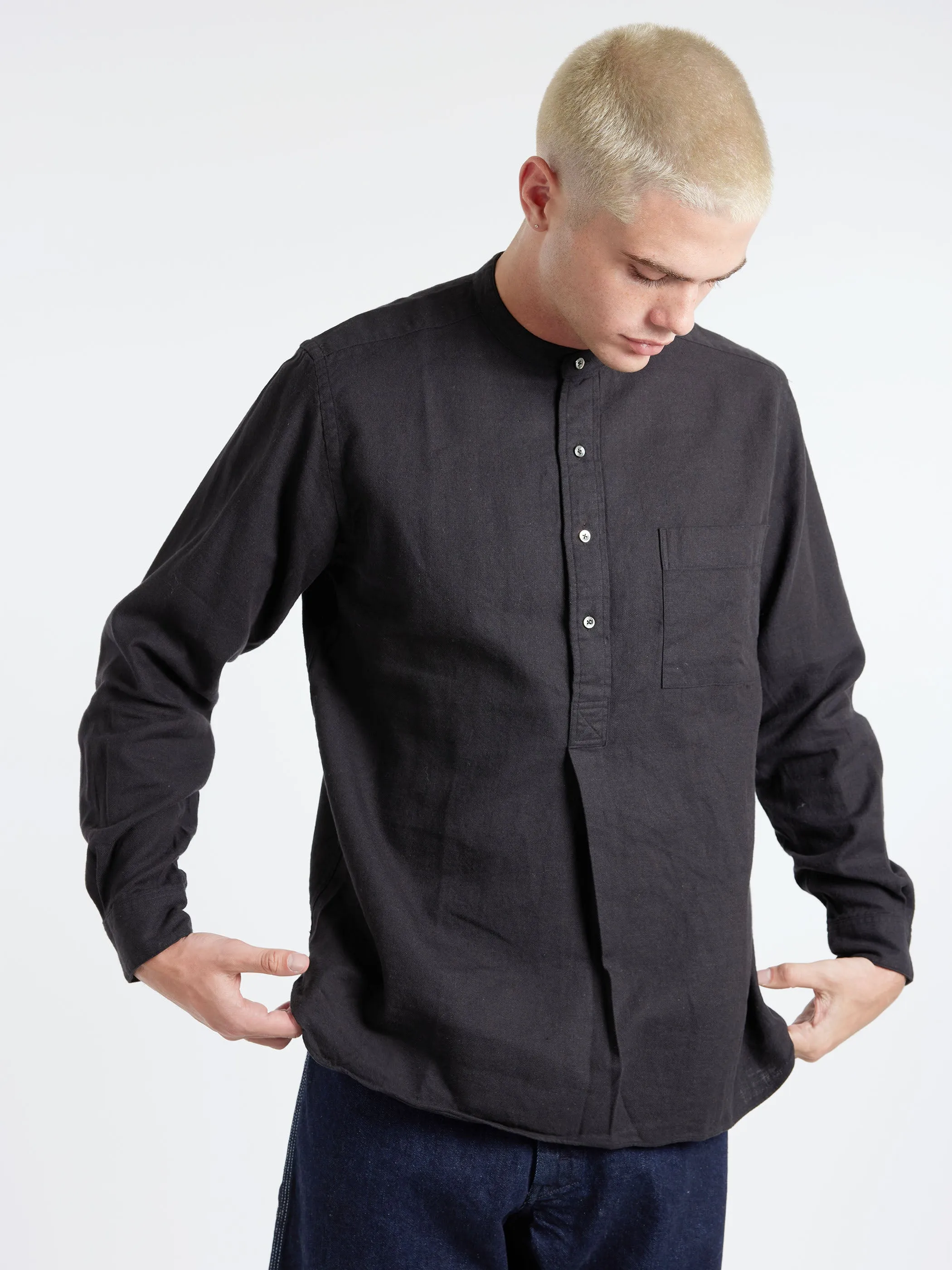 Linen Cotton Herringbone Band Collar Pullover Shirt sold by gravitypope product image thumbnail 4