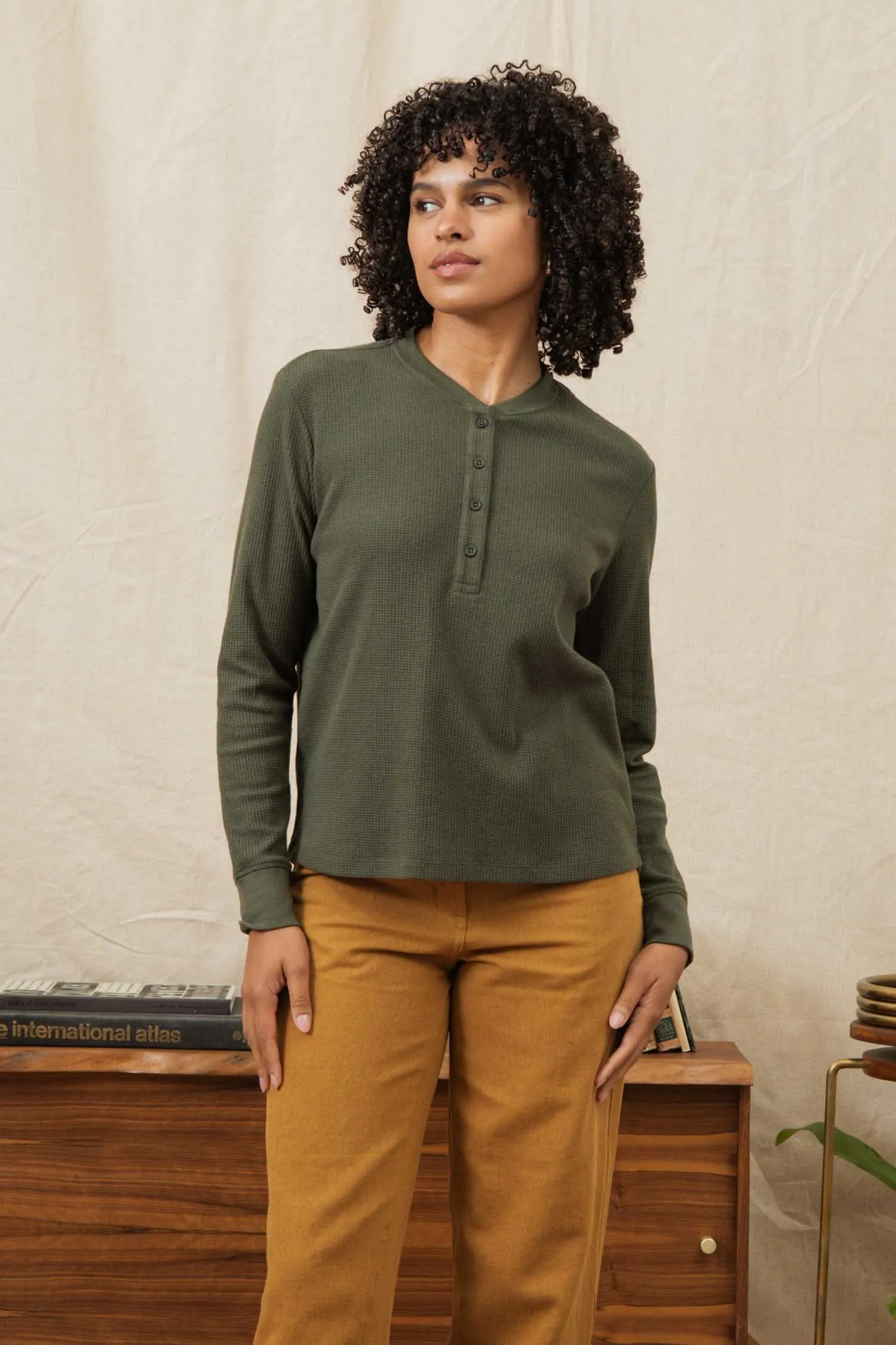 Women's Recycled Waffle Henley / Forest Melange sold by Bridge & Burn product image thumbnail 2