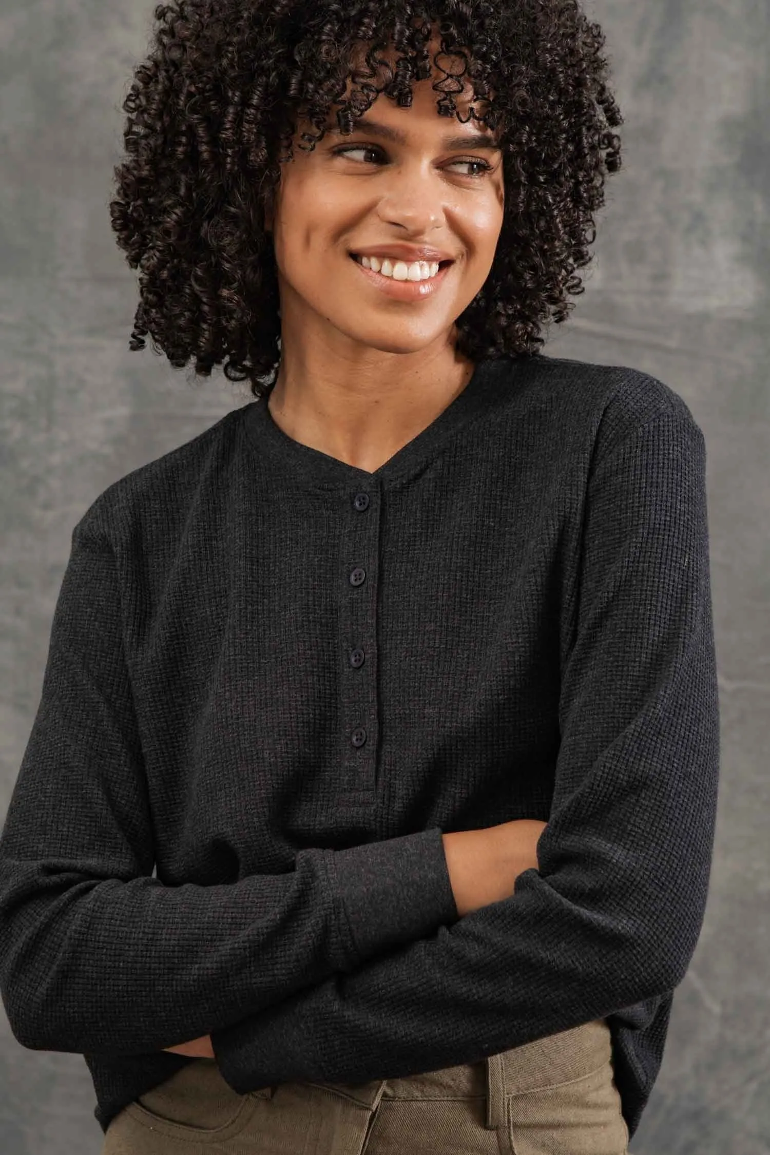 Women's Recycled Waffle Henley / Charcoal Melange sold by Bridge & Burn product image thumbnail 2