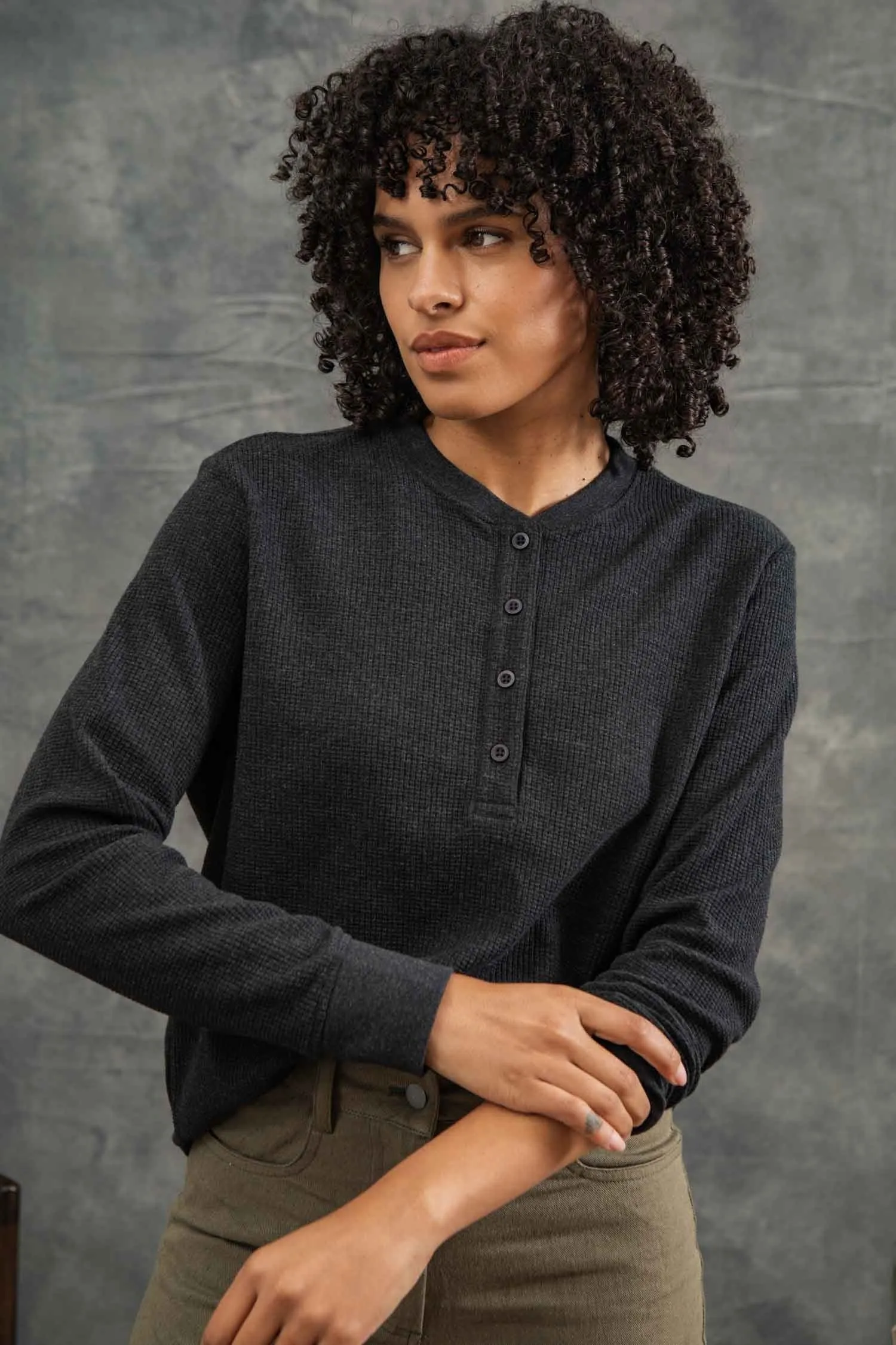 Women's Recycled Waffle Henley / Charcoal Melange sold by Bridge & Burn product image thumbnail 3