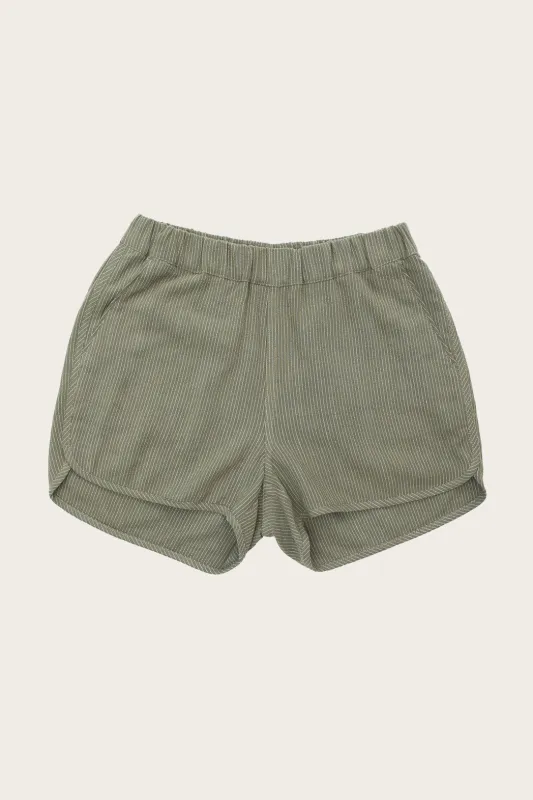 Luca Track Short / Olive Pinstripe sold by Bridge & Burn