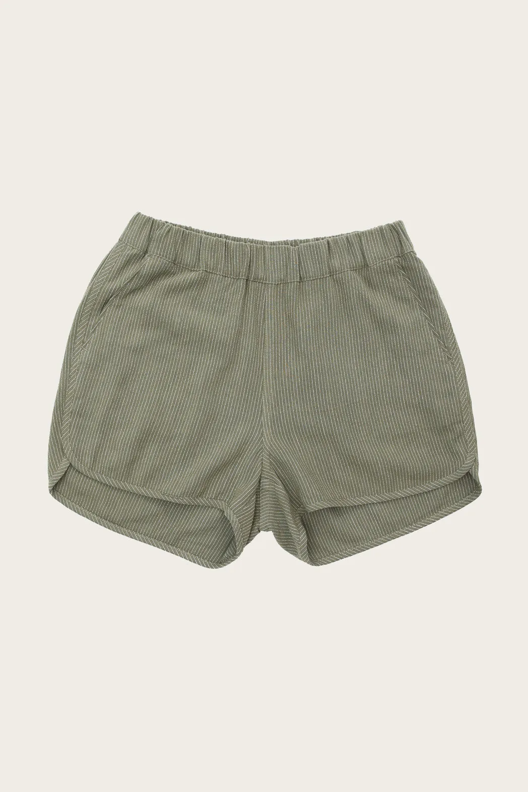 Luca Track Short / Olive Pinstripe sold by Bridge & Burn