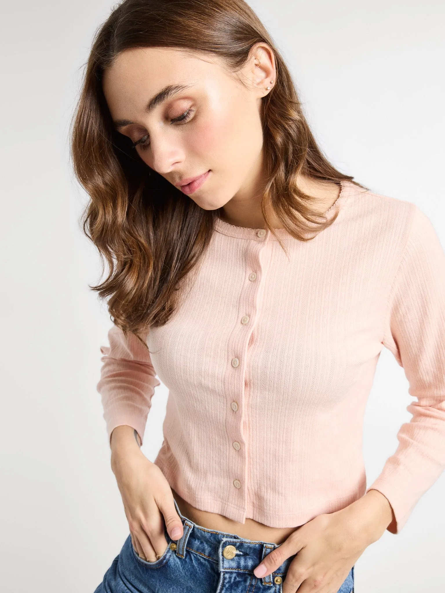 Bibi Pointelle Cardigan in Spanish Villa sold by MILLE