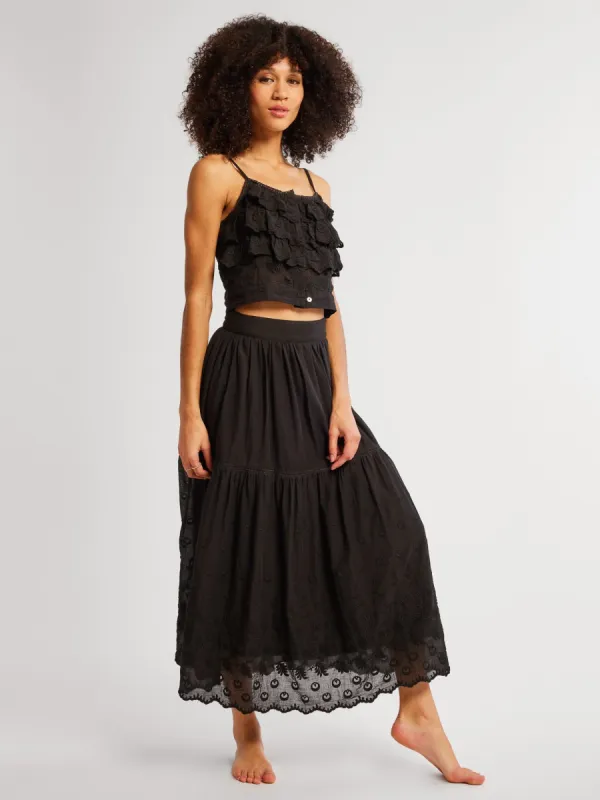 Betty Skirt in Black Petal Embroidery sold by MILLE