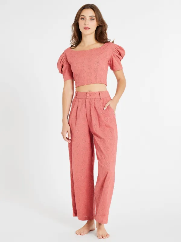 James Pant in Rosewood Eyelet sold by MILLE