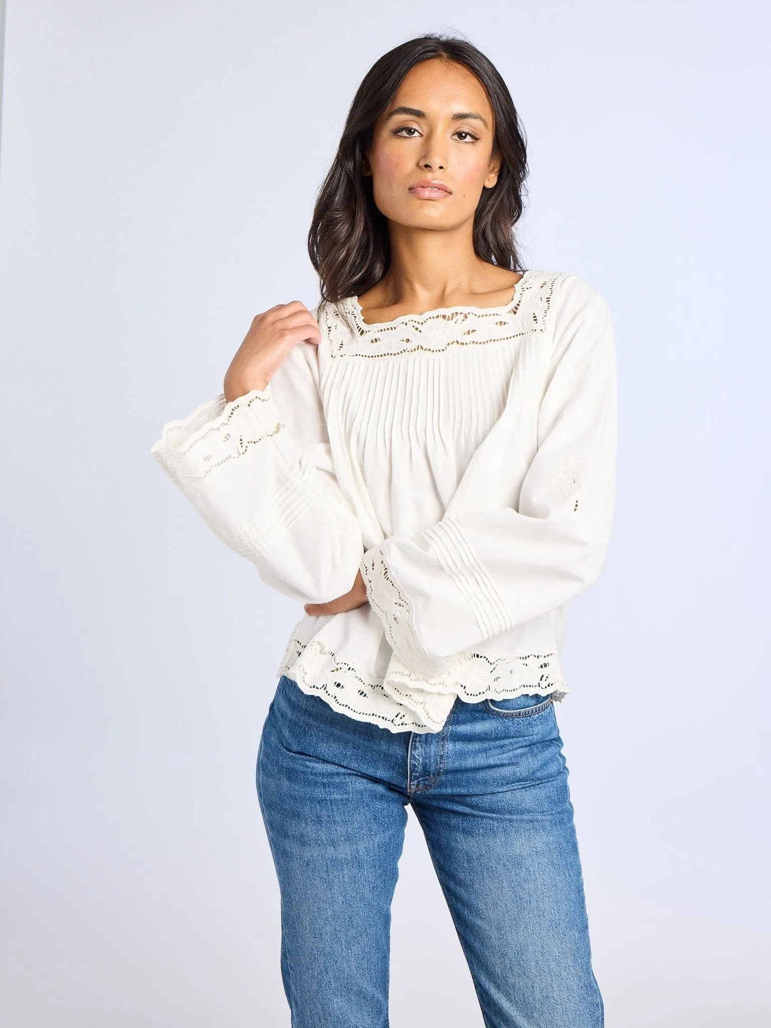 Melba Top in White Embroidered Linen sold by MILLE