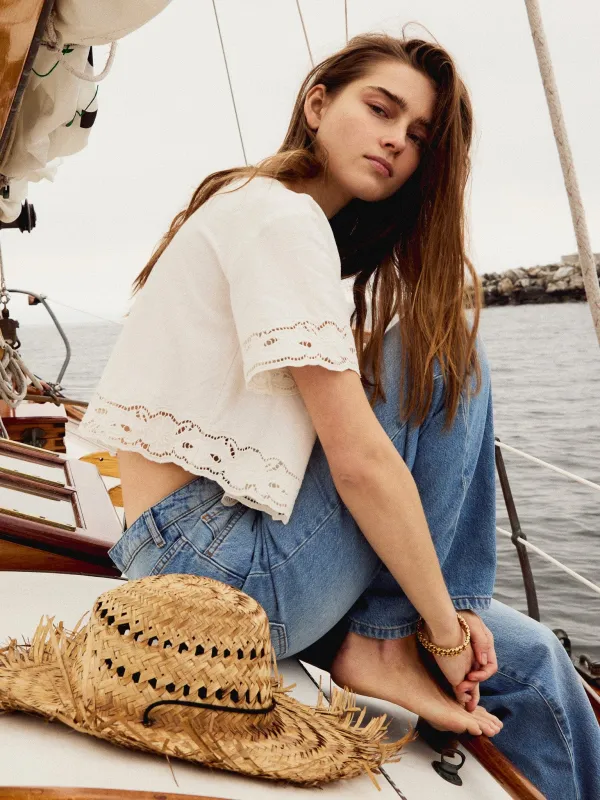 Sara Top in White Embroidered Linen sold by MILLE