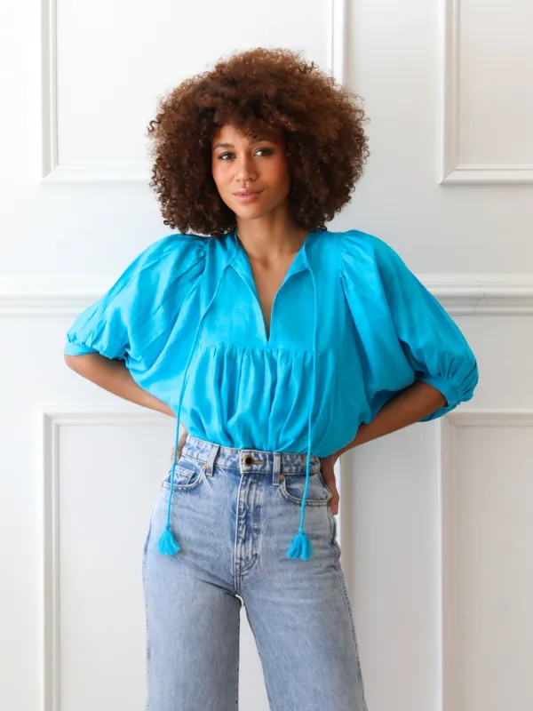 Thalia Top in Aqua Linen sold by MILLE