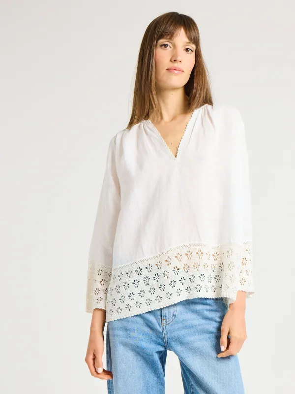 Elsie Top in White Linen sold by MILLE