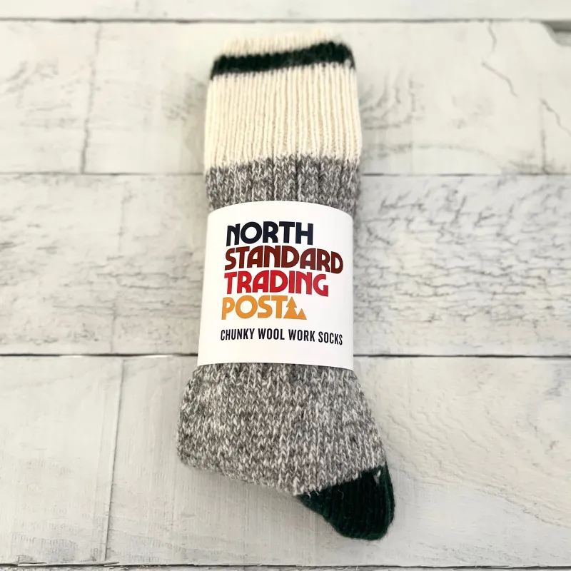 Chunky Wool Work Sock - Grey Marl with Dark Olive Stripe sold by North Standard Trading Post