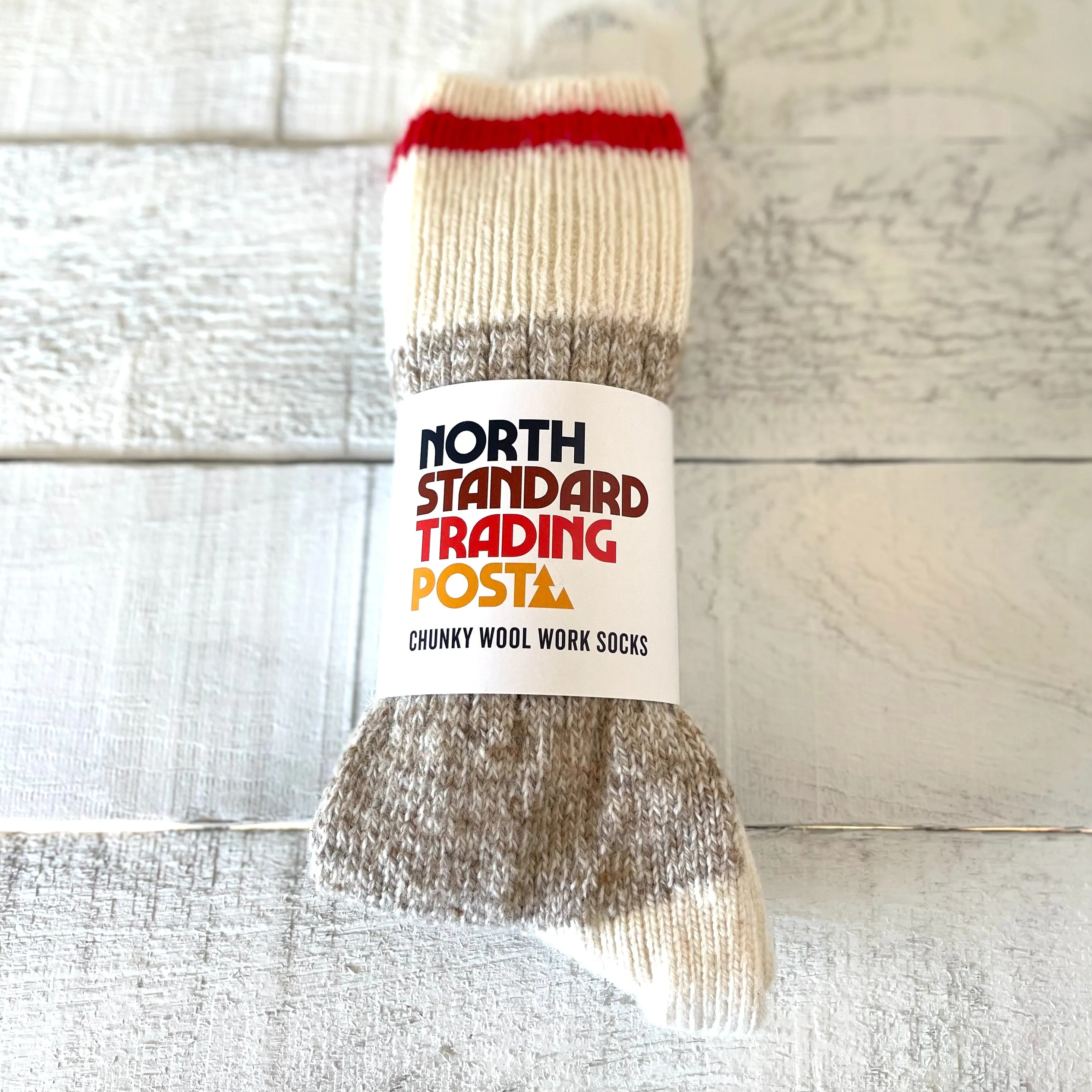 Chunky Wool Work Sock - Oatmeal with Red Stripe sold by North Standard Trading Post