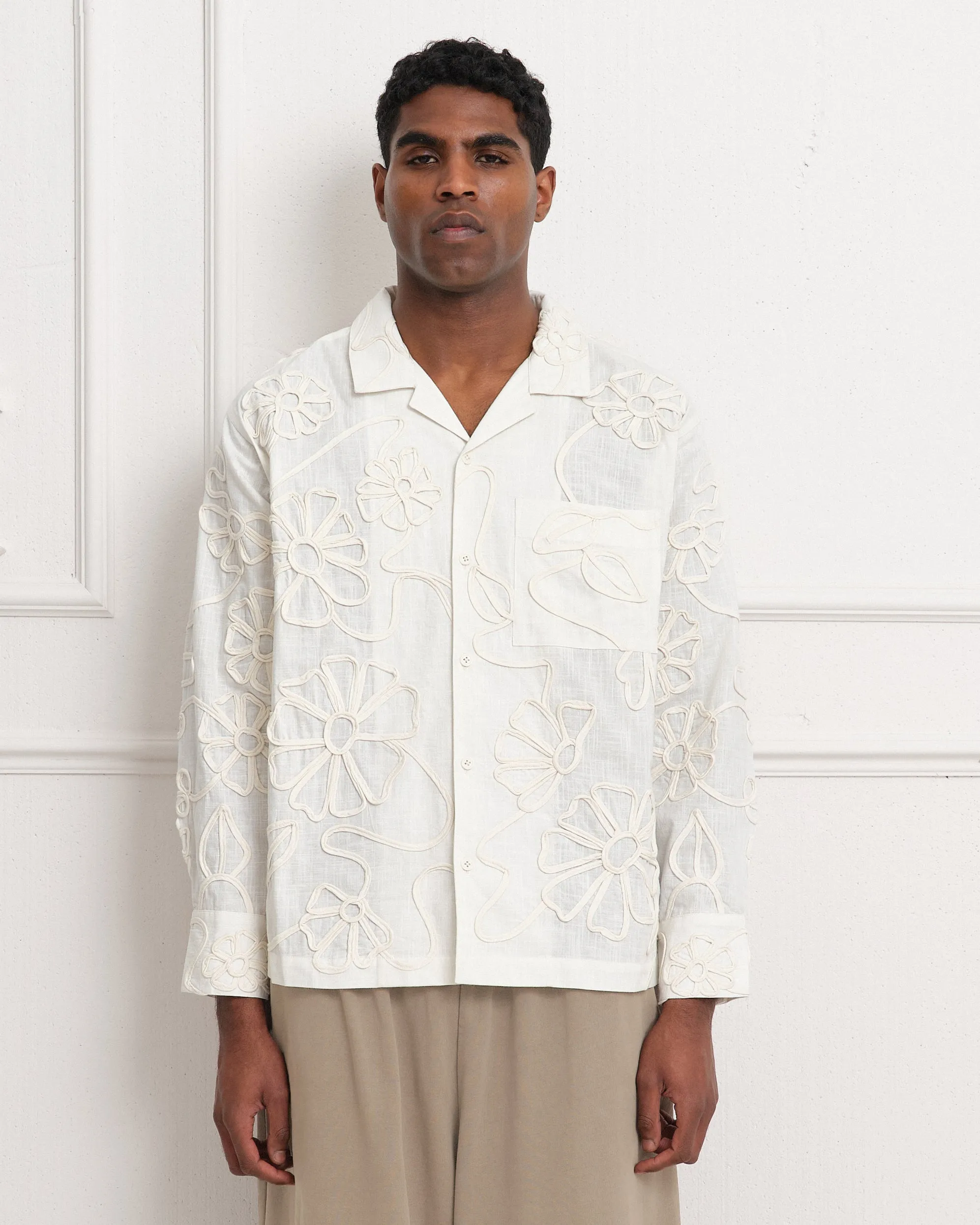 Greetings Shirt LS - Ecru Ribbon sold by Story Mfg.