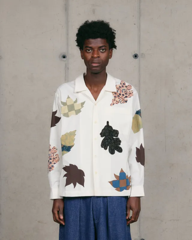 Greetings Shirt LS - Ecru Leaf Scatter made by Story Mfg.