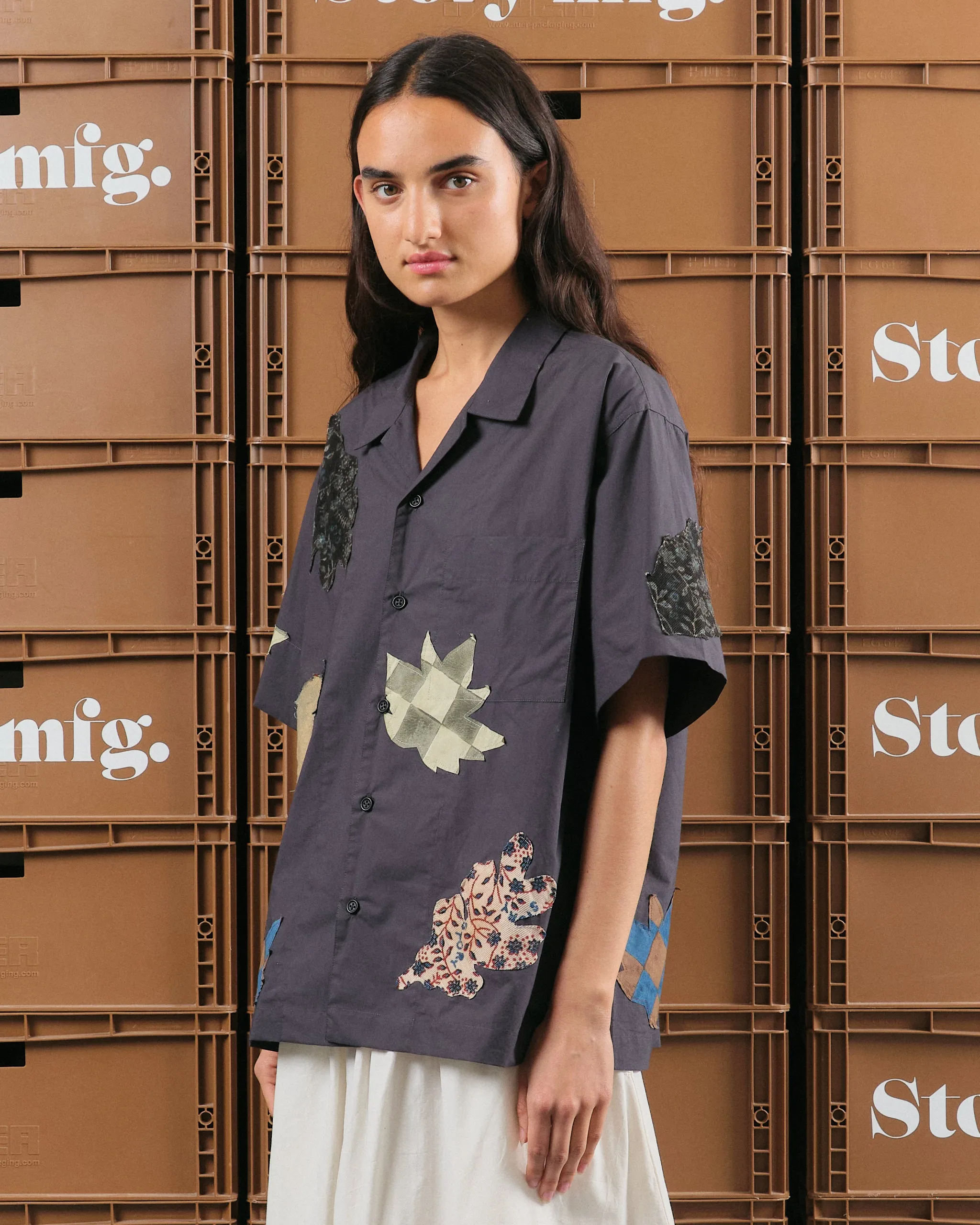 Greetings Shirt SS - Charcoal Leaf Scatter sold by Story Mfg.