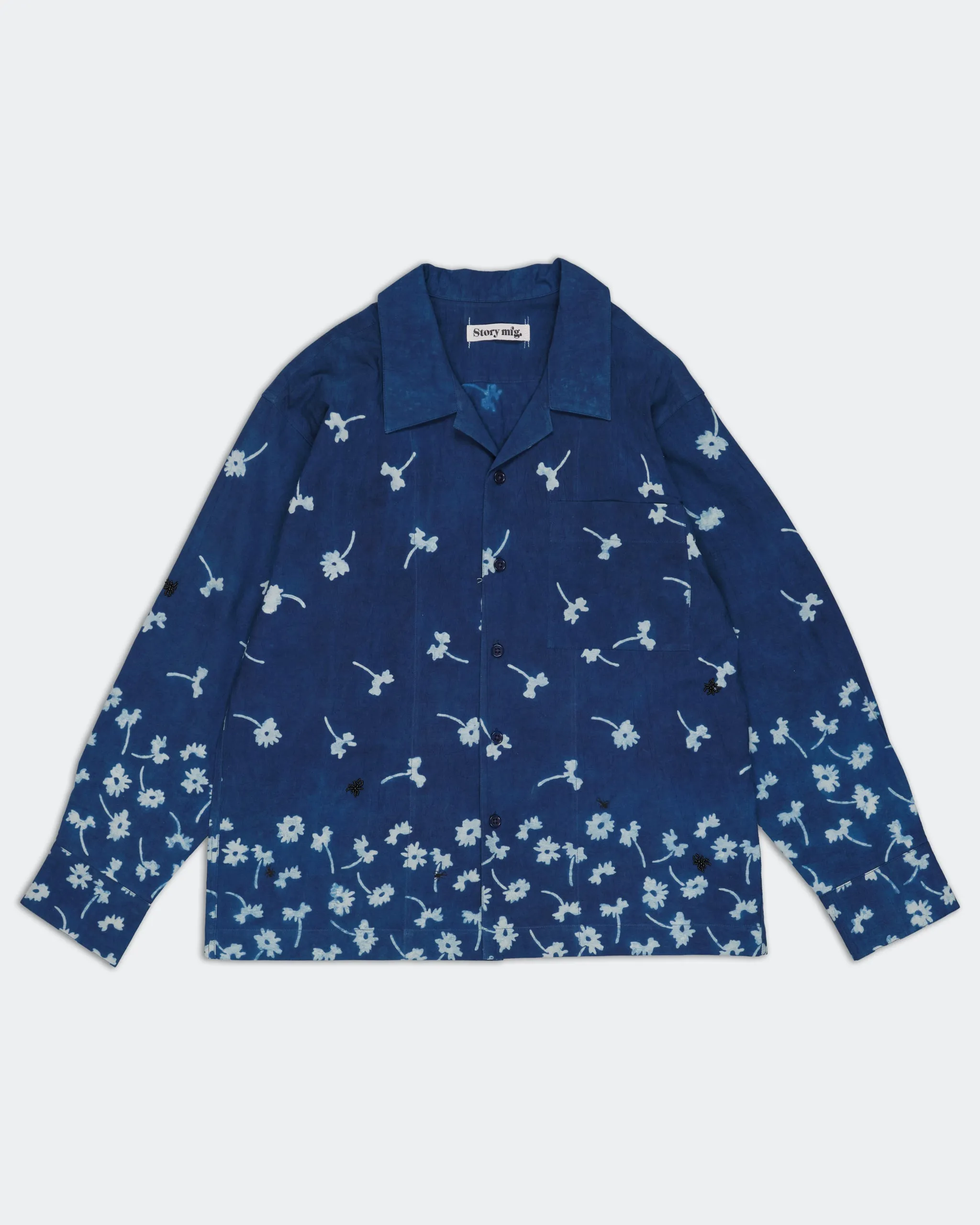 Greetings Shirt LS - Falling Daisy Indigo sold by Story Mfg.