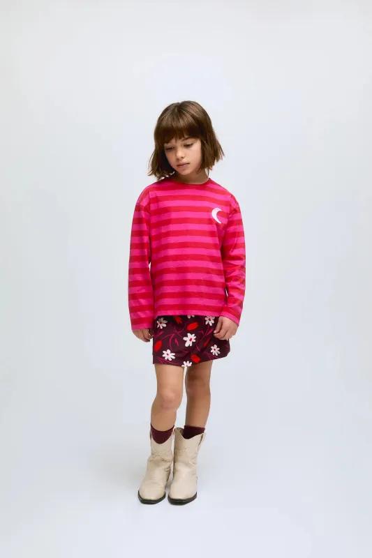 Camiseta de niña de rayas en color rosa y rojo con detalle de media luna sold by Compania Fantasica