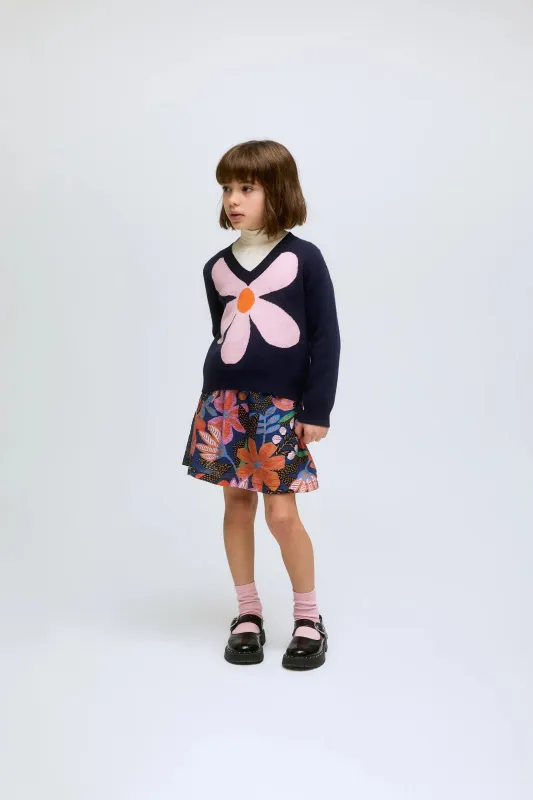 Jersey de niña de punto azul marino con print de flor sold by Compania Fantasica