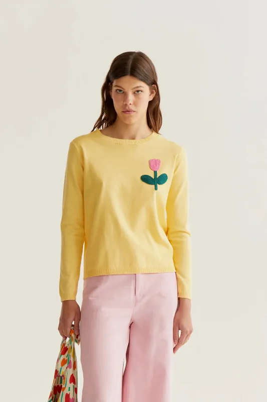 Jersey punto amarillo con bordado de tulipán rosado sold by Compania Fantasica