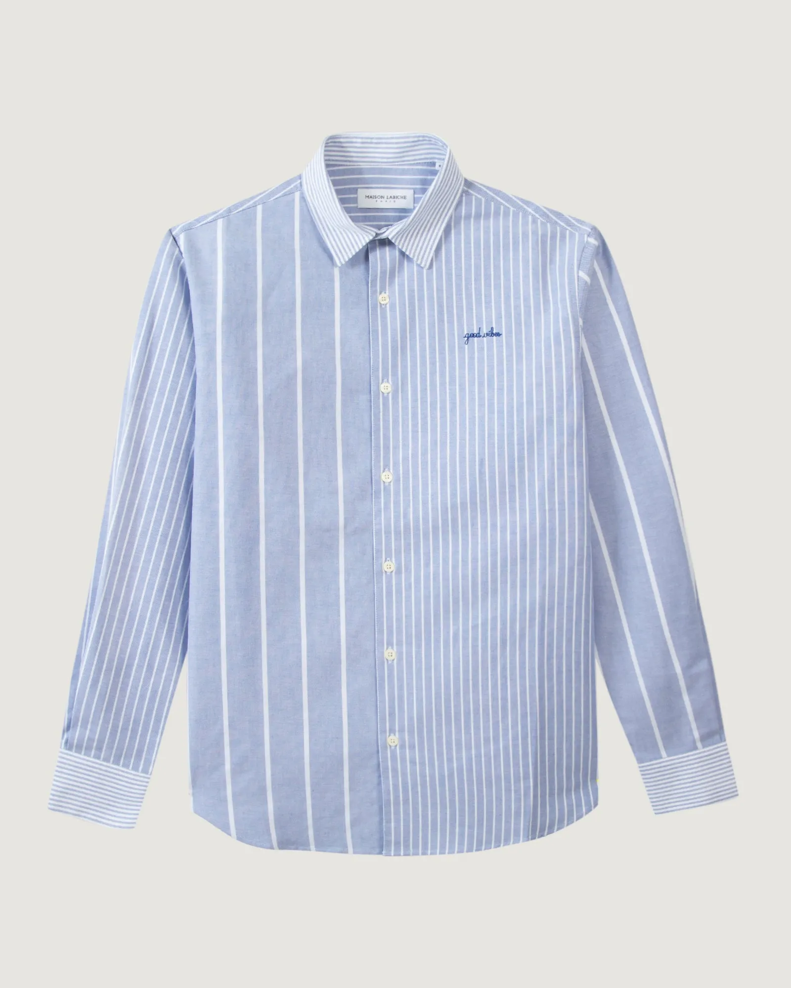 "Good Vibes" breteuil oxford shirt sold by Maison Labiche