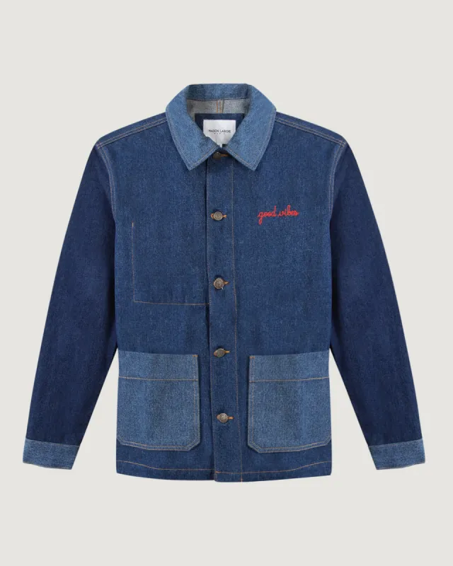 "Good Vibes" sébasto patchwork denim jacket made by Maison Labiche