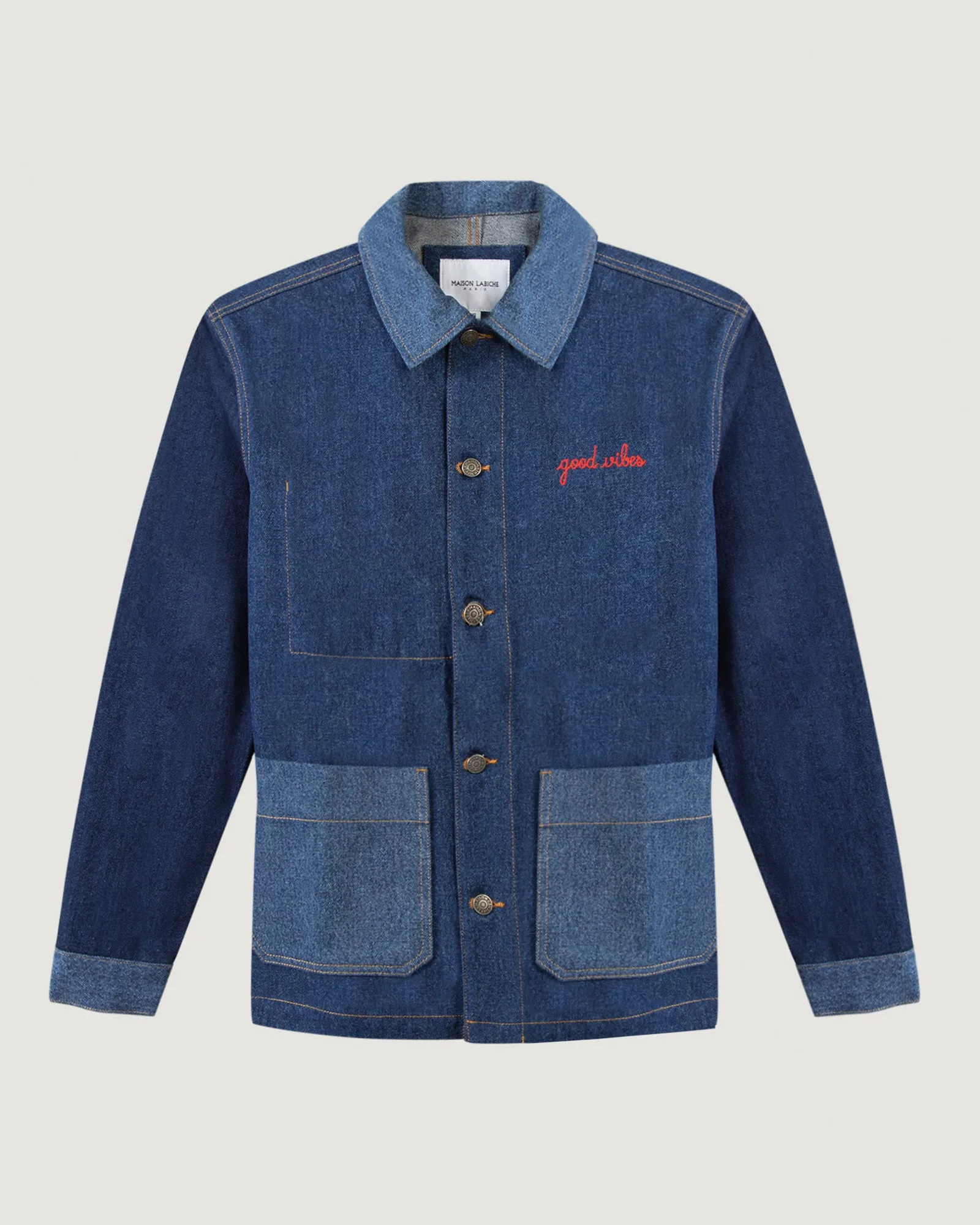 "Good Vibes" sébasto patchwork denim jacket sold by Maison Labiche