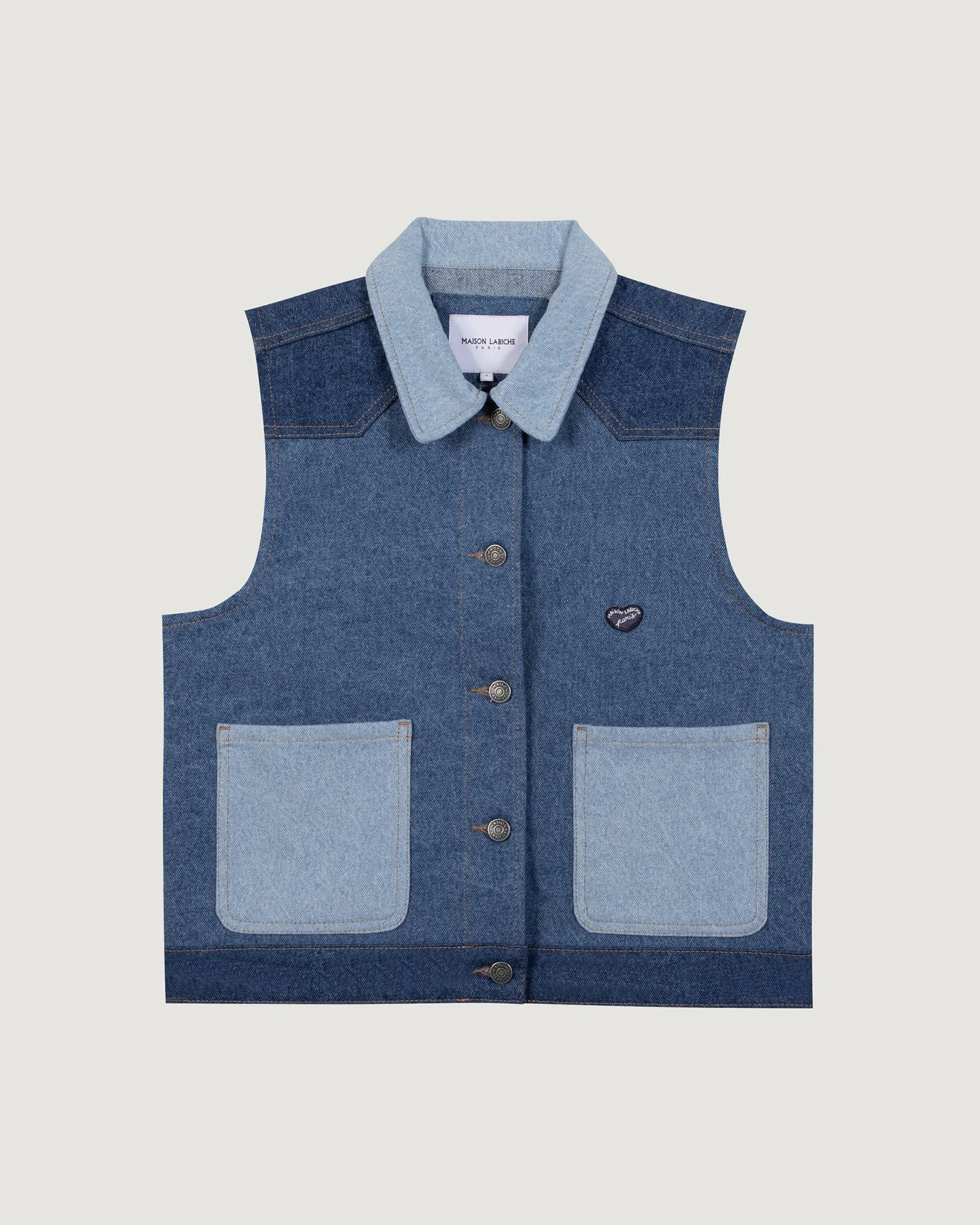 "Patch Coeur" duca patchwork denim jacket sold by Maison Labiche