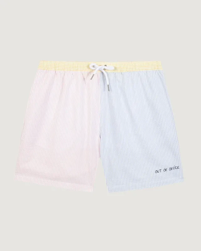 "Out Of Office" Maillot seersucker swim shorts sold by Maison Labiche