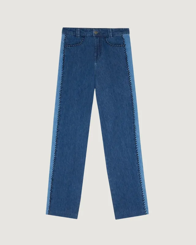 "Patchwork Denim" bua pants sold by Maison Labiche