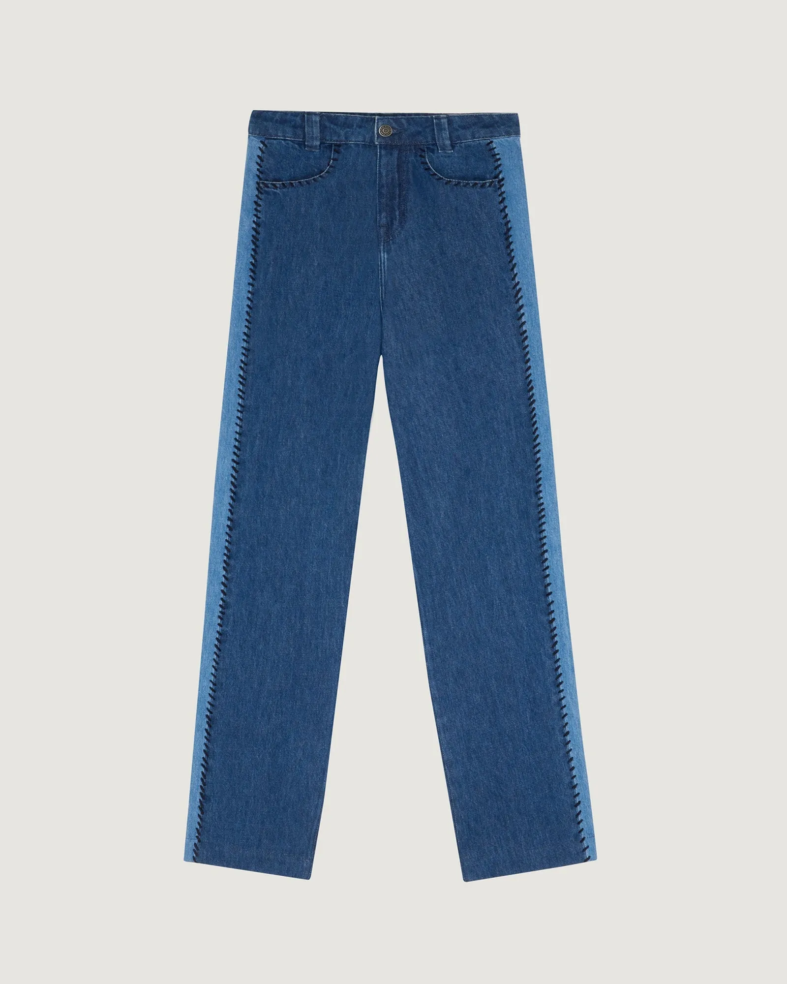 "Patchwork Denim" bua pants sold by Maison Labiche
