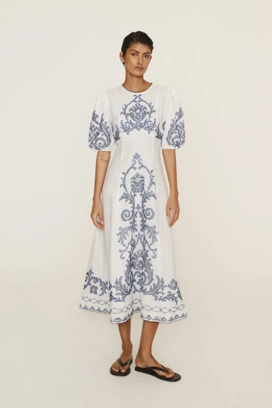 HAZEL EMBROIDERED MIDI DRESS sold by Alemais